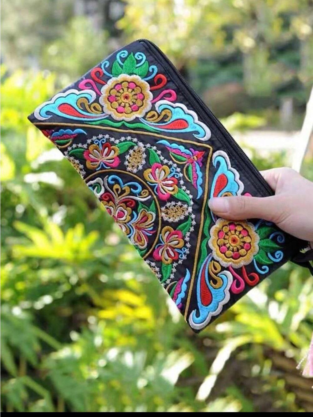 New! Embroidered Floral Zip Clutch Cosmetics Bag Wallet - Black Multicolor